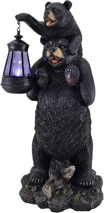 Zeckos Lifting Spirits Bear Cub on Shoulders Statue and Solar LED Lantern