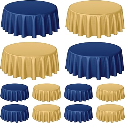Buryeah 12 Pcs 84 Inch Navy Blue and Gold Round Plastic Disposable Table Cloth Waterproof Tablecloth Circle Table Covers for Bridal Wedding Birthday Party Gender Reveal Baby Shower