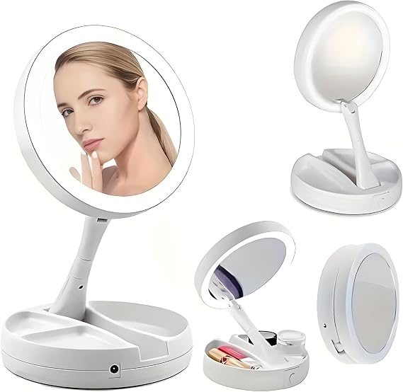 Genel LED Işıklı Makyaj Aynası, 10x Büyüteç, Katlanabilir Tasarım, USB Şarjlı, 15.5cm Çap, Beyaz