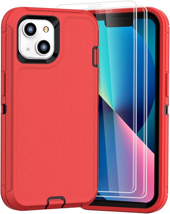 Compatible with iPhone 13& iPhone 14 Case [2 Screen Protectors ] Military Grade Full Body Cover, Heavy Duty Shockproof Drop Proof Protection Case 6.1"(red Black)