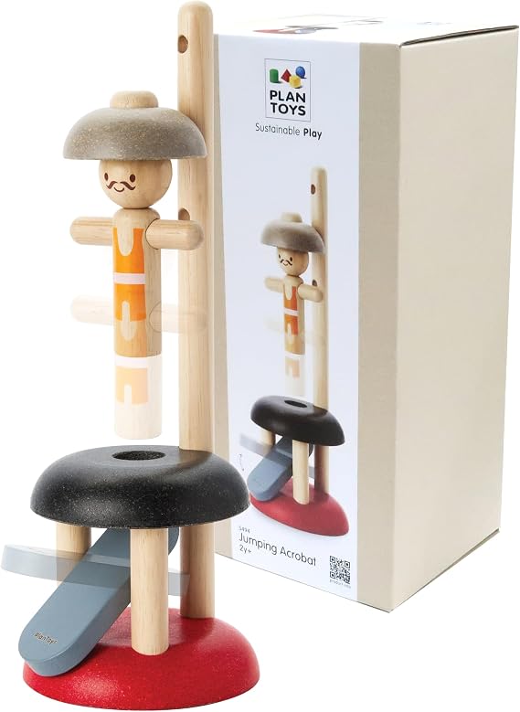 PlanToys Wooden Jumping Acrobat Toy Montessori Cause & Effect Kids Play Set