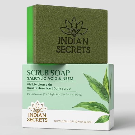 Salicylic Acid Neem Scrub Soap for Face & Body | Exfoliating Bar Soap, Tea Tree & Niacinamide | Suitable for Pore Cleansing, Oily & Acne-Prone Skin, All Skin Type | 110g (3.88 Oz)