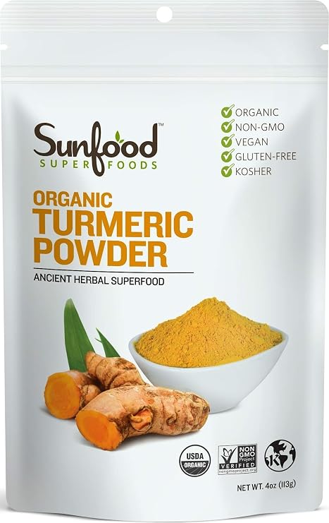 Sunfood Superfoods Organic Turmeric Powder - Ground Turmeric Root Powder, Pure Ground Curcuma Spice, Use for Seasoning, Tea, Golden Milk, Smoothies, More, Source of Curcumin - 4 oz Bag