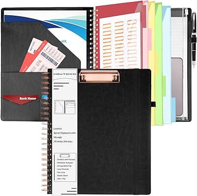 HAUTOCO Spiral Leather Clipboard Folio with Notepad 8.5 x 11, 5 Folders with 10 Pockets, Storage Zipper Pouch, Pen Loop, 39 Stickers, Padfolio Organizer for Work School, Black