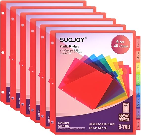 SUQJOY Binder Index Dividers with Tabs, 48 Count 3 Ring Binder Dividers with Pockets, 8 Tab Dividers for 3 Ring Binder, Plastic Sheet Protectors for US Letter Size, 8 Color Tab Dividers,6 Packs