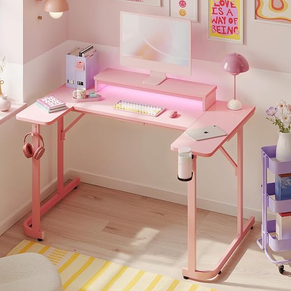 Bestier Gaming Desk, Width 51.2 inches × Depth 31.5 inches, With LED Light, Sturdy Frame, Stable, Weight Capacity 100KG, U-Shape, PC Desk, Stylish, Easy Assembly, For Pro Gamers, Carbon-Look Top, Pink