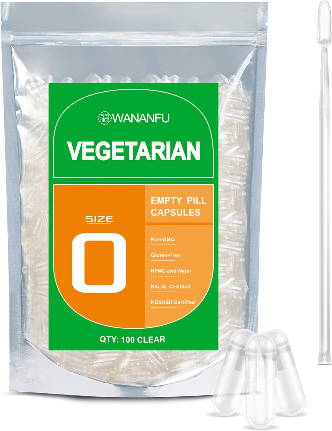 WANANFU Size 0 Empty Capsules Vegetarian 100 Count Bundle with Micro Lab Spoon with Powder Tamper, Compatible with Capsule Filling Machine