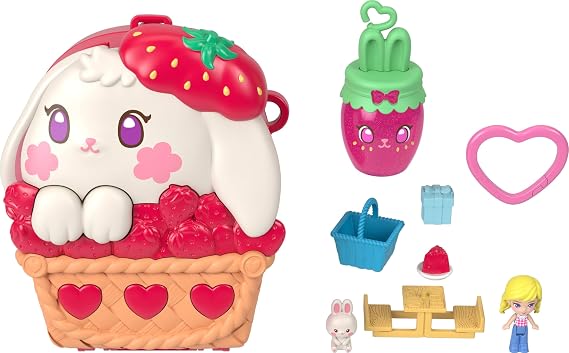 Polly Pocket Dolls & Playset, Strawberry Picnic Bunny Compact | Portable Travel Toy, 1 Micro Doll, Pet, Fruit Themed Accessories