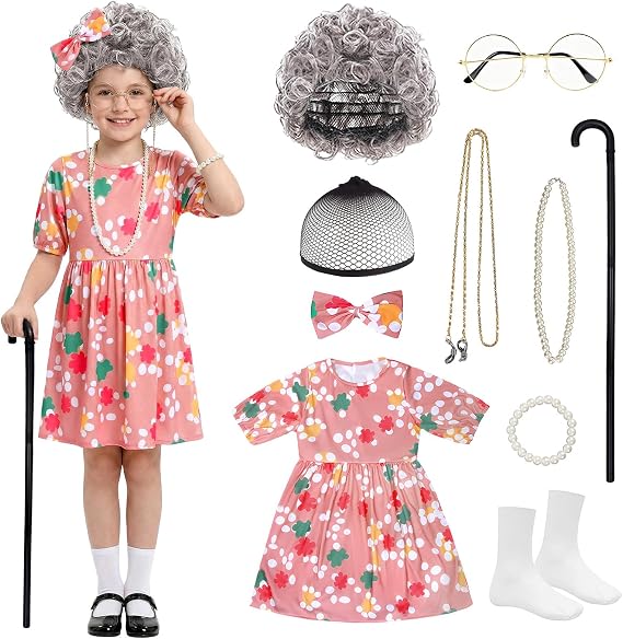 nezababy Kids Old Lady Costume for Girls Grandma Wigs Dress Glasses Necklace Granny Outfit 100 Days of School Cosplay
