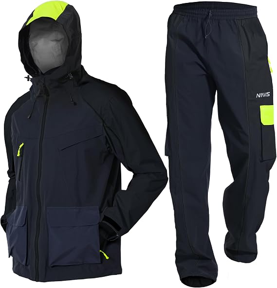Mens PRO Waterproof Workwear Rain Suit 3-Piece Set, Hi-Vis Hooded Jacket & Pants, 3L-Gore Pro-Tex Oxford, Multi-Pocket(Black,L)