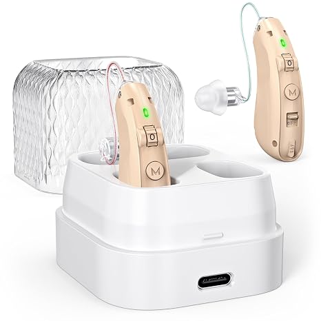 Rechargeable hearing aids for seniors with noise reduction,Digital Hearing Amplifiers for Hearing Loss, with charging case. (brown)