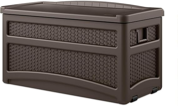 Suncast Durable 73 Gallon Outdoor Resin Storage Chest with Handles, Wheels, and Seat for Patio, Garden, or Pool for Indoor and Outdoor Use, Java