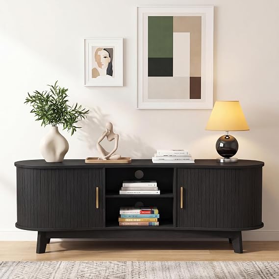 Mid Century Modern TV Stand for 65" TVs, Fluted TV Stands Black