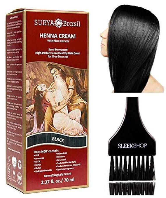 Surya Brasil All Natural HENNA Hair Color CREAM Plant Extracts, Semi-Permanent for Grey Coverage (with Brush) Brazil (BLACK)