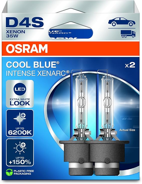 OSRAM XENARC® COOL BLUE® INTENSE D4S, +150% more brightness, up to 6,200K, xenon headlight lamp, LED look, Hanging folding box (2 lamps)