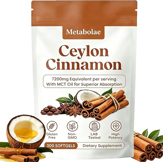 Metabolae Ceylon Cinnamon Extract Capsules with MCT Oil, 300 Softgels, 12:1 High Potency Extract, True Cinnamon Supplements, Non-GMO & Gluten Free, Easy-to-Swallow, Vegan Friendly