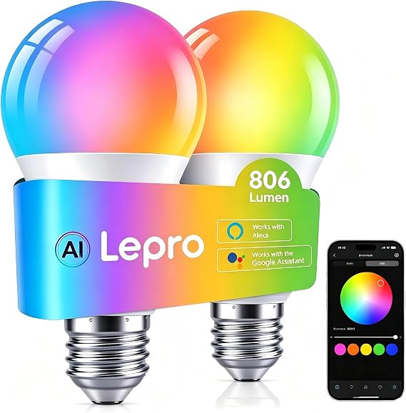 Lepro AI E27 Smart Bulb, 8.5W=60W 806lm LED Screw Bulbs, WiFi Bulb 2 Packs [Energy Class F]