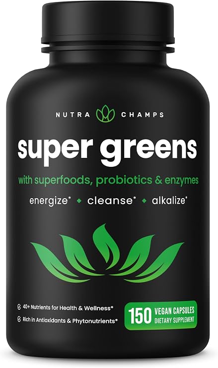 Organic Super Greens Capsules - Daily Fruits and Veggies Supplement - 150 Green & Reds Superfood Pills - 40+ Natural Whole Food Fruit & Vegetables, Prebiotic Fiber & Probiotics & Digestive Enzymes