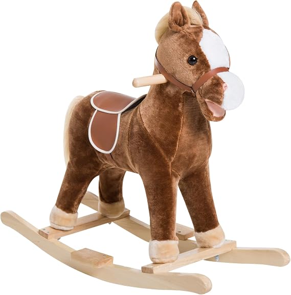 Qaba Kids Plush Toy Rocking Horse Ride on with Realistic Sounds - Brown