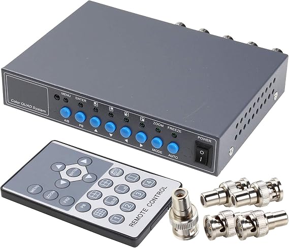 UHPPOTE 4CH Color Quad System Video Splitter CCTV Camera Processor with Remote Control 5 BNC Adapter