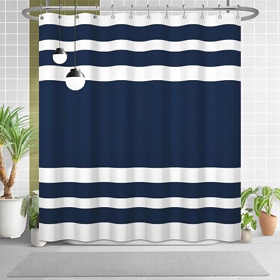 White Navy Blue Waffle LongBathroom Shower Curtain 72"x78"