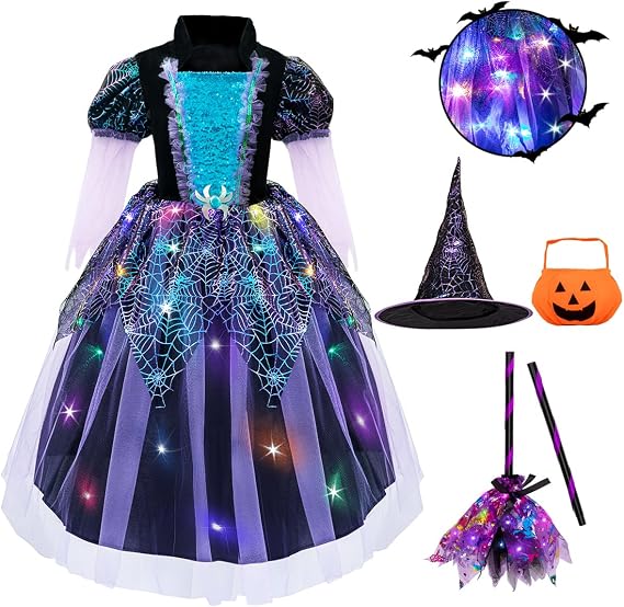 Meland Witch Costume for Girls - Light Up Halloween Costume for Girl Dress Up, Halloween Costume for Girls