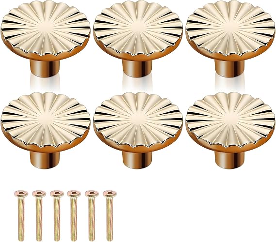 6 Pcs Gold Drawer Knobs, Gold Knobs for Drawers Round Door Kitchen Hardware Cupboard Knob, Single Hole Handle with Screws for Home Decorating Cupboard Wardrobe (37mmx23mm)