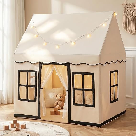 INFANS Kids Play Tent with Washable Mat Star Light Windows, Anti-Trip Large Playhouse Toys for Children Boys Girls, Indoor Outdoor Princess Tents Castle for Toddlers (Black)