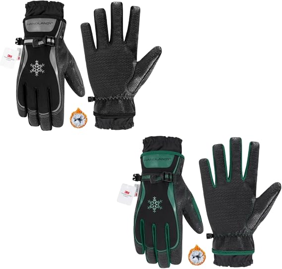 HANDLANDY Winter Work Gloves for Men Women, 3M Thinsulate Insulated, Waterproof Thermal Touchscreen Warm Grip Gloves for Cold Weather, Skiing, Snowboarding, Hiking (Grey, Green)