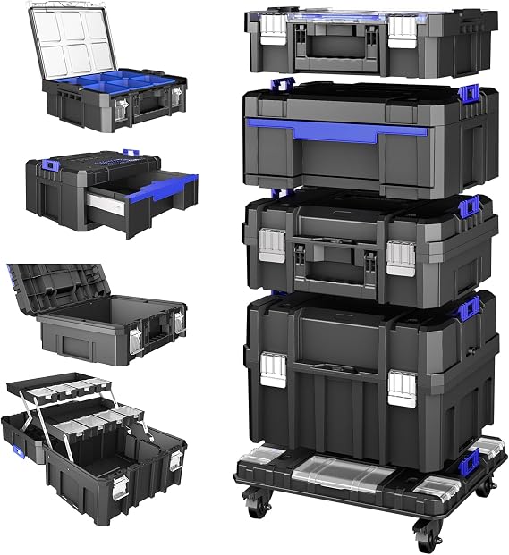 AIRAJ 4 Tier Rolling Tool Box with Wheels, 18 Stackable Tool Box Organizer