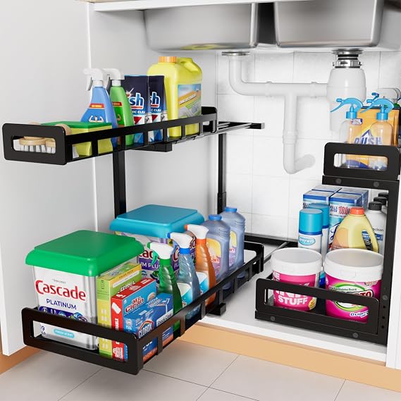 Under Sink Organizer, Metal Large Capacity 2-Tier Sliding Cabinet Storage Rack, Heavy-Duty Rust-Resistant Steel Frame, Holds 50 lbs, Adjustable Height 1216", 14"D x 11"W for Kitchen & Bathroom, Black