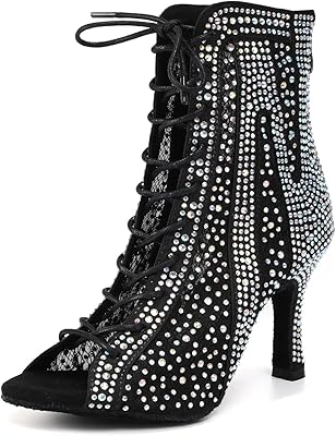 Ballroom Latin Dance Boots for Women Rhinestone Open Toe Dacing Heel 3 13 Inch