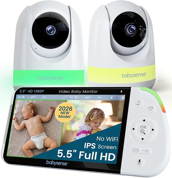 Babysense PRO Full HD 5.5" Split Screen Baby Monitor with 2 Cameras, 6-Color Night Light, White Noise, Sound & Light Machine, 20-Hour Battery, Hack-Proof Non-WiFi Secure Connection
