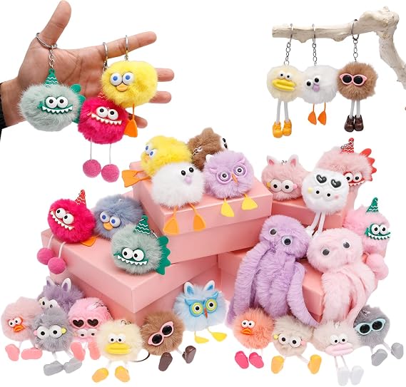 24 PCS Plush Doll Keychains, Cute Fluffy Bag Charms, Soft Faux Fur Keyring Pendants, Bulk Mini Toys for Party Favours & Classroom Prizes (Random Colours)