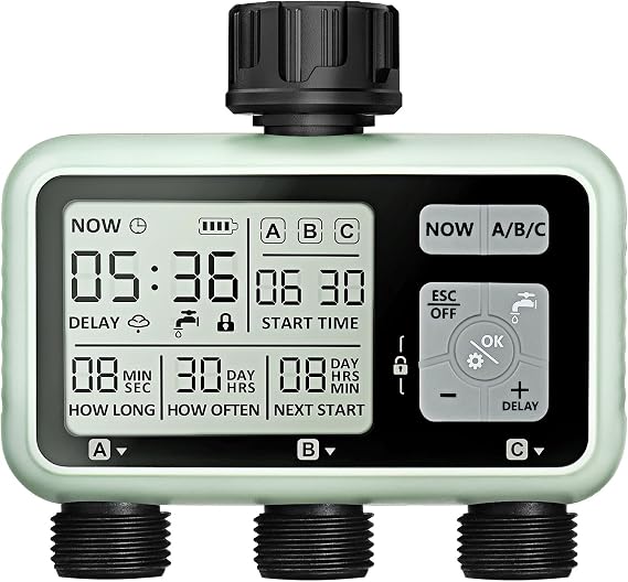 Johgee 3 Zone Water Timer for Irrigation, Sprinkler Timer 3 Outlet, Garden Hose Timers, Garden Watering System Irrigation System Controller with Auto & Manual Mode, Rain Delay for Lawn