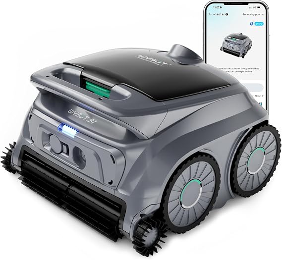 WYBOT B1 Cordless Robotic Pool Vacuum, Quad-Roller Brushes for Edge Cleaning, Smart Pool Cleaner Robot for Inground & Above Ground Pools, High Obstacle Crossing, App Control, Silver Gray