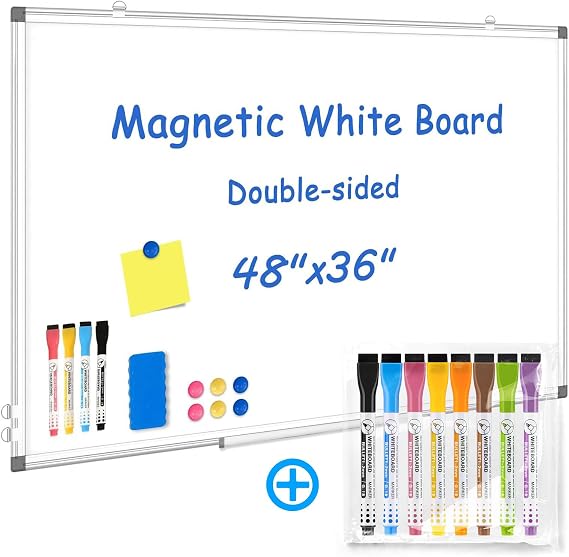 WALGLASS Double-Sided White Board Plus 8 Count Markers Bundle,48" x 36" Large Dry Erase White Board for Wall, Hanging Whiteboard with Silver Aluminium Frame for Home, School, Office