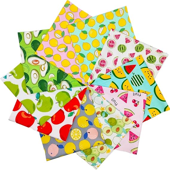 Fat Quarters Fabric Bundles, 10 Pcs 100% Cotton 19.69 x 19.69 (50cmx50cm) Precut Quilting Fabric Squares Sheets for DIY Patchwork Sewing Quilting Crafting, No Repeat Design (Fruit Pattern)
