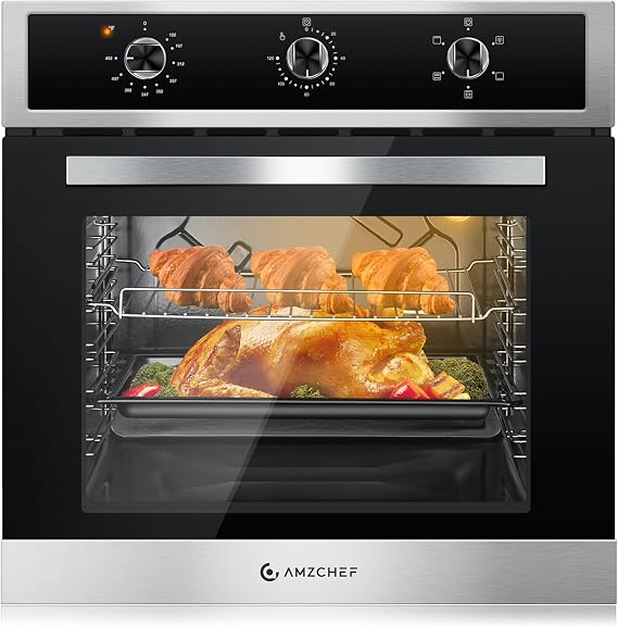 AMZCHEF 24" Electric Wall Oven, 2.65 Cu.ft, 5 Modes, Stainless Steel | 2200W, 75L,360 Rotisserie, 122-482F, Knob Control, Enamel Liner, 5 Rack Positions, Built-in