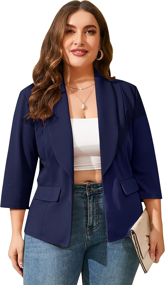 ShopWonder Womens Plus Size Casual Pocketed Blazer Office Open Front 3/4 Sleeve Cardigans Jacket Work Suit