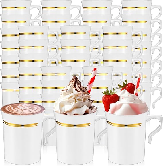 Baderke 48 Pcs Plastic Coffee Cups with Rim 8 oz Disposable Coffee Mugs with Handle Disposable Tea Cups Espresso Beverage Plastic Mugs for Wedding (White,Gold)