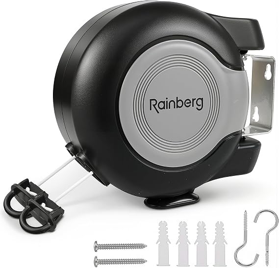 Rainberg 2x15m Double Retractable Washing Line | Strong and Durable Holds up to 30KG | Extendable Clothes Line Automatic Retraction Wall-Mounted | Space-Saving, PVC-Coated, Indoor & Outdoor Use, Black