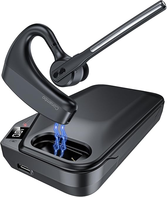 Conambo K10C Bluetooth Headset & Charging Case, Dual Mic Noise Canceling Mono Wireless Headset for Cellphone with up to 64Hrs Talk Time Hand-Free Bluetooth Earpiece for Trucker Business Office Work