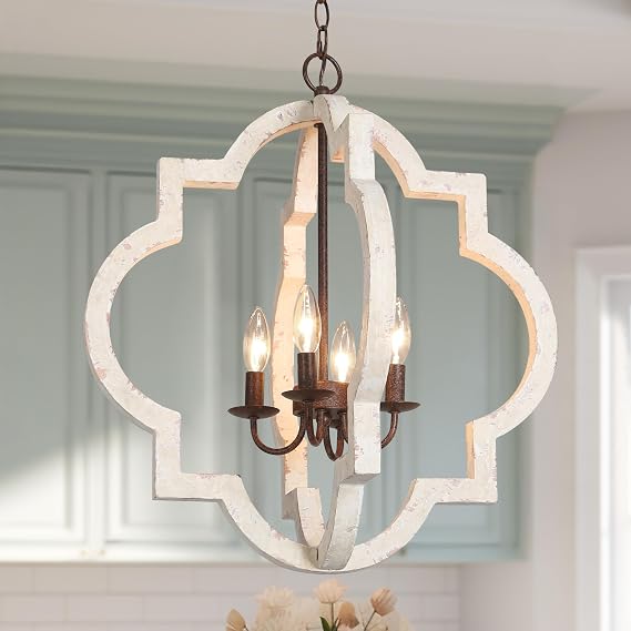 LALUZ Farmhouse White Wood Chandelier, Rustic 4-Light Distressed Pendant Light with Rust Brown Metal Frame, French Country Lighting Fixtures Adjustable Height for Dining Room, Kitchen Island, Foyer