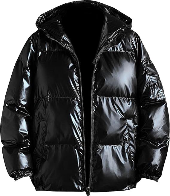 Men's Glossy Padded Winter Coat Metallic Full Zip Quilted Puffer Jacket Trendy Warm Shiny Hooded Overcoat (Black,Large)