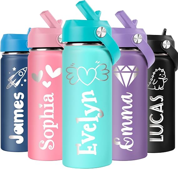 Personalized Water Bottles for Kids - Back to School, Custom Water Bottle Stainless Steel w/Engraved Names, 18oz Insulated Tumblers with Straw Lid, Personalized Christmas Birthday Gifts for Boys Girls