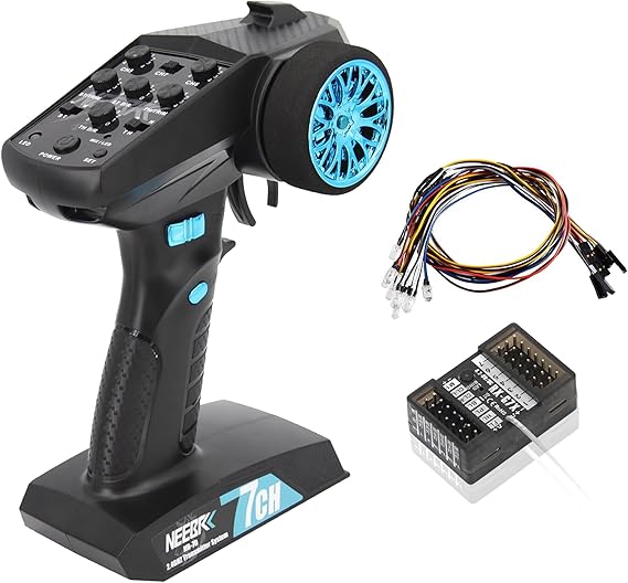 7 Channels RC Transmitter with Receiver Built-in Light Control System and 12LED Light Set, 2.4GHz Radio Remote Controller for RC Car Crawler Truck Racing Buggy Off Road On Road Boat Tank(Blue)