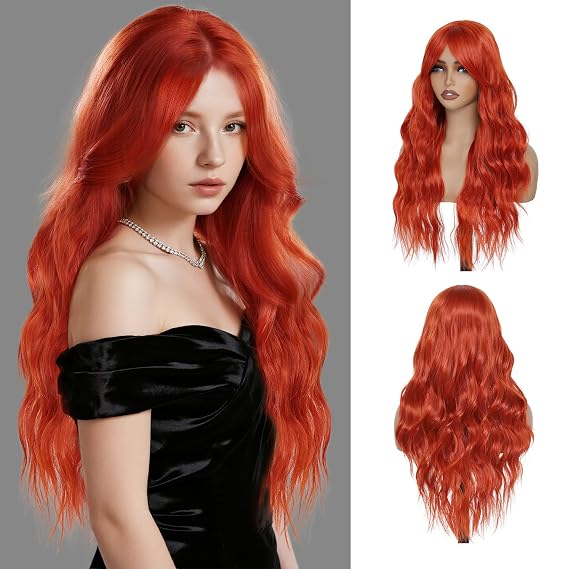 Long Wavy Ginger Wig with Curtain Bangs for Women Reddish Orange Wig 26in
