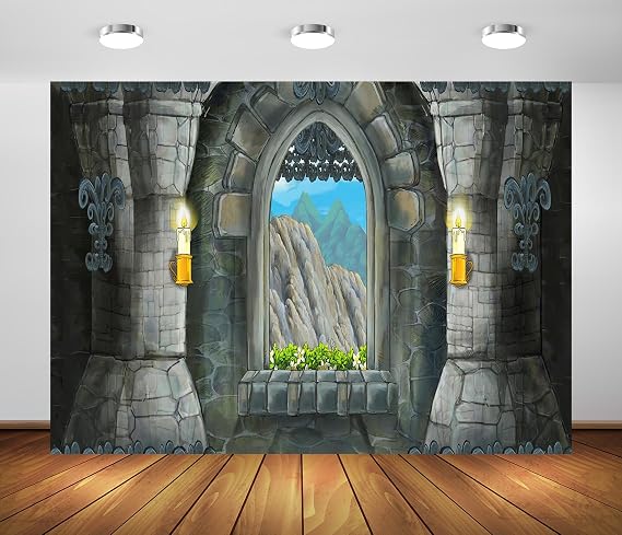 BELECO 7x5ft Fabric Cartoon Medieval Castle Backdrop Gothic Arch Stone Window with Candles Remote Mountains View Fairytale Background for Party Decoration Kids Children Princess Photoshoot Props