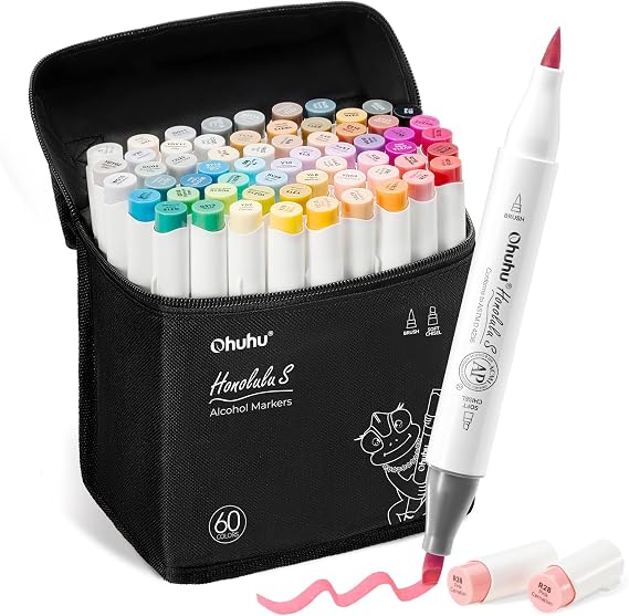 Ohuhu Alcohol Markers 60 Illustration Colors Brush Soft Chisel for Coloring